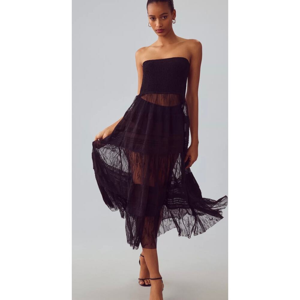 By Anthropologie Large Black Smocked Sheer Lace Overlay Dress Tiered Pleated NWT